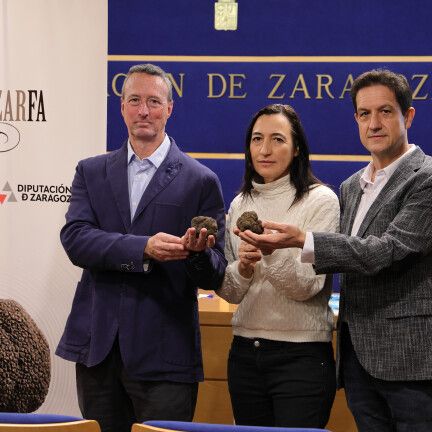 Miguel Gutiérrez (CITA), Cristina Palacín (DPZ) y Pedro Gil (Truzarfa) durante la presentación de la III muestra